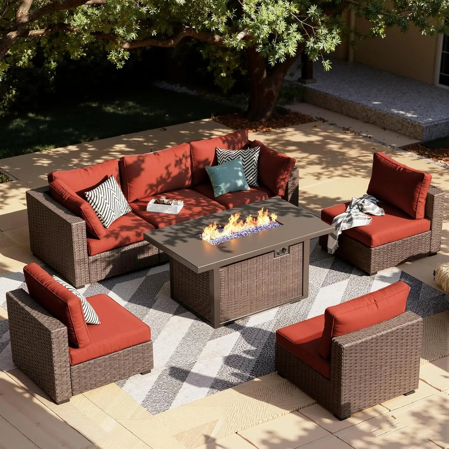 7-Piece Rattan Patio Furniture Set with 44" Fire Pit/Table