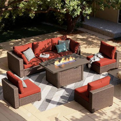 7-Piece Rattan Patio Furniture Set with 44" Fire Pit/Table