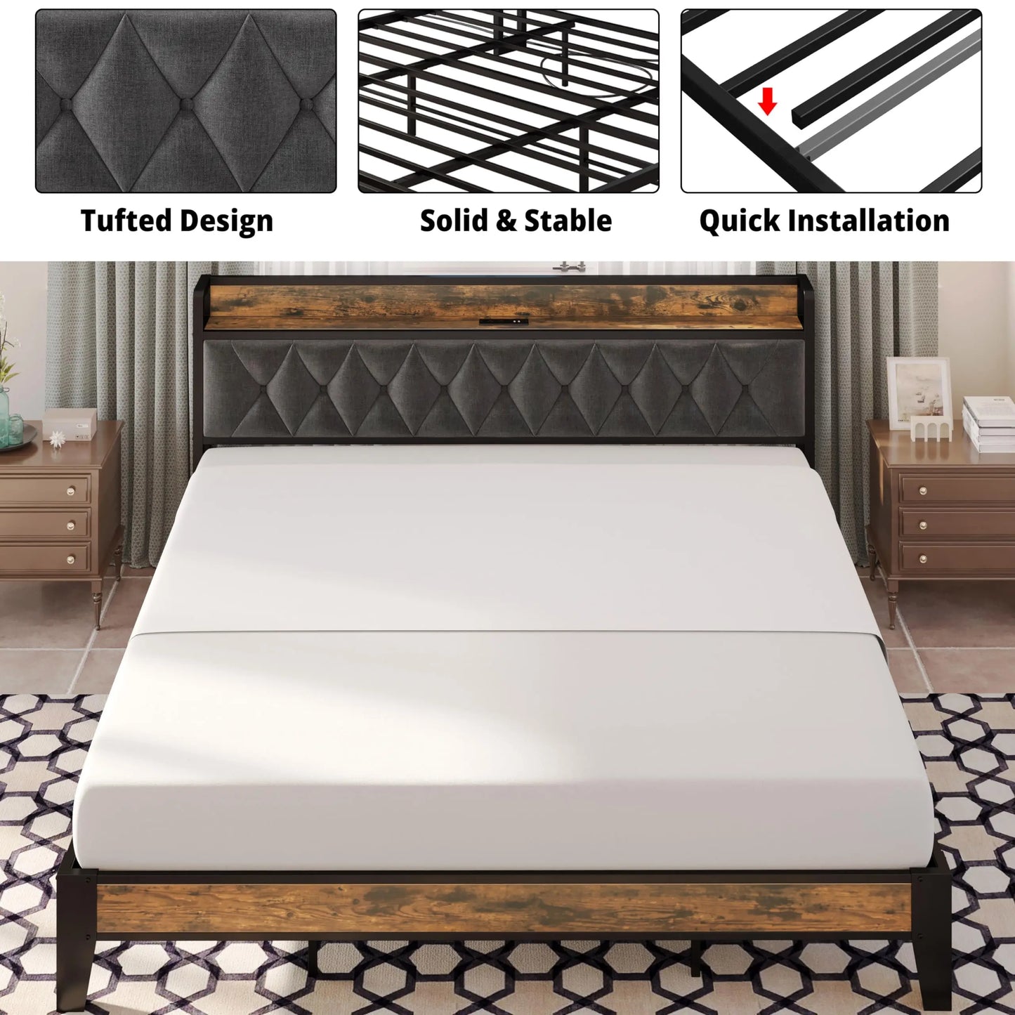 Twin/TwinXL/Full/Queen/King/ Bed Frames with Storage Headboard and Outlets