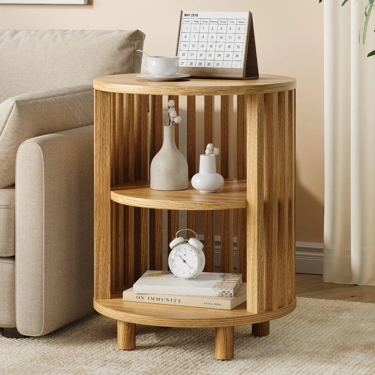 Fluted Round Nightstand with Charging Station for your Bedroom