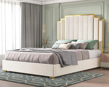 Upholstered Gold Trimmed Headboard and Platform Frame for a King size Bed