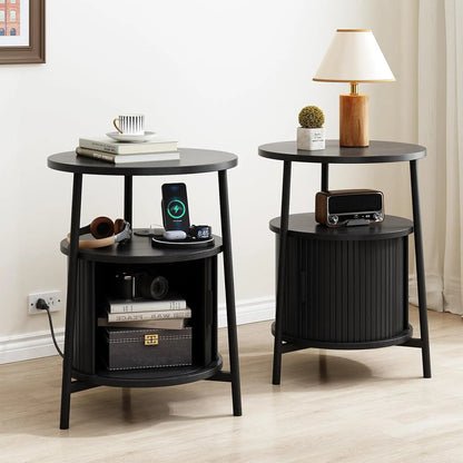 Fluted Round Nightstand with Charging Station for your Bedroom