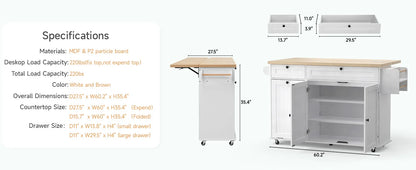 60" Rolling Kitchen Island with Drop Leaf, Power Outlet, and Trash Enclosure