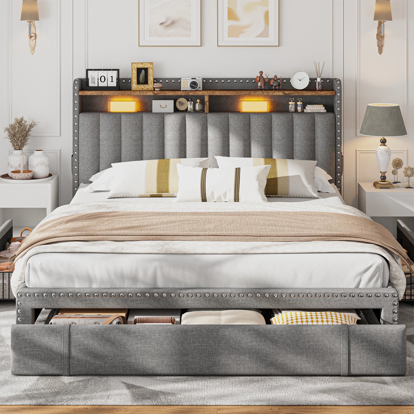 Full, Queen or King Platform Bed Frame with 3 Drawers and 2-Tier Storage