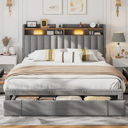 Full, Queen or King Platform Bed Frame with 3 Drawers and 2-Tier Storage