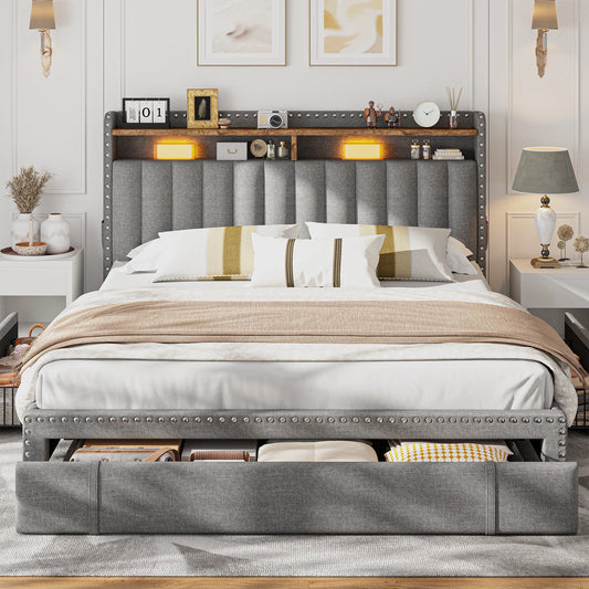 Full, Queen or King Platform Bed Frame with 3 Drawers and 2-Tier Storage