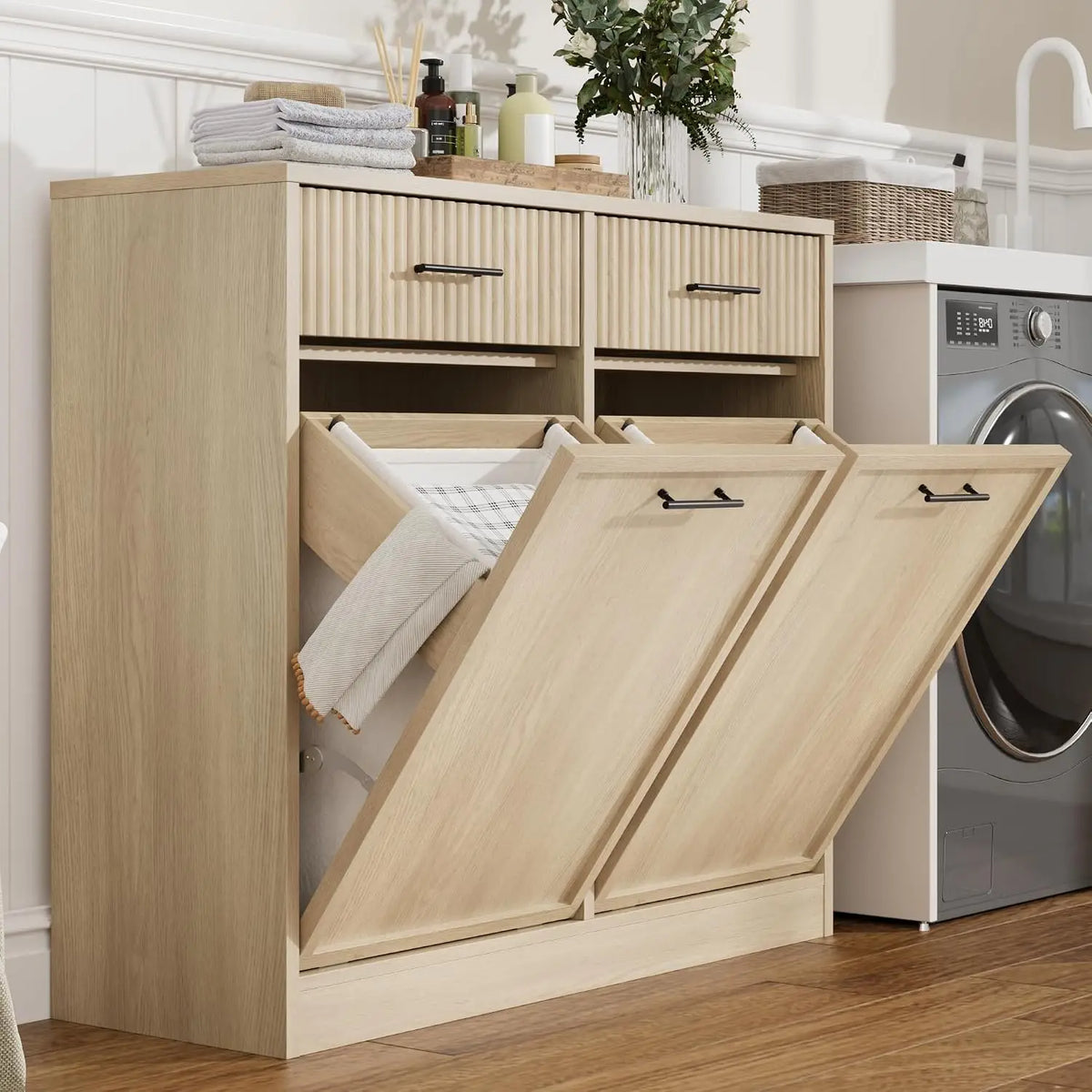 Wood Tilt Out Laundry Hamper Cabinet With Drawers and Baskets