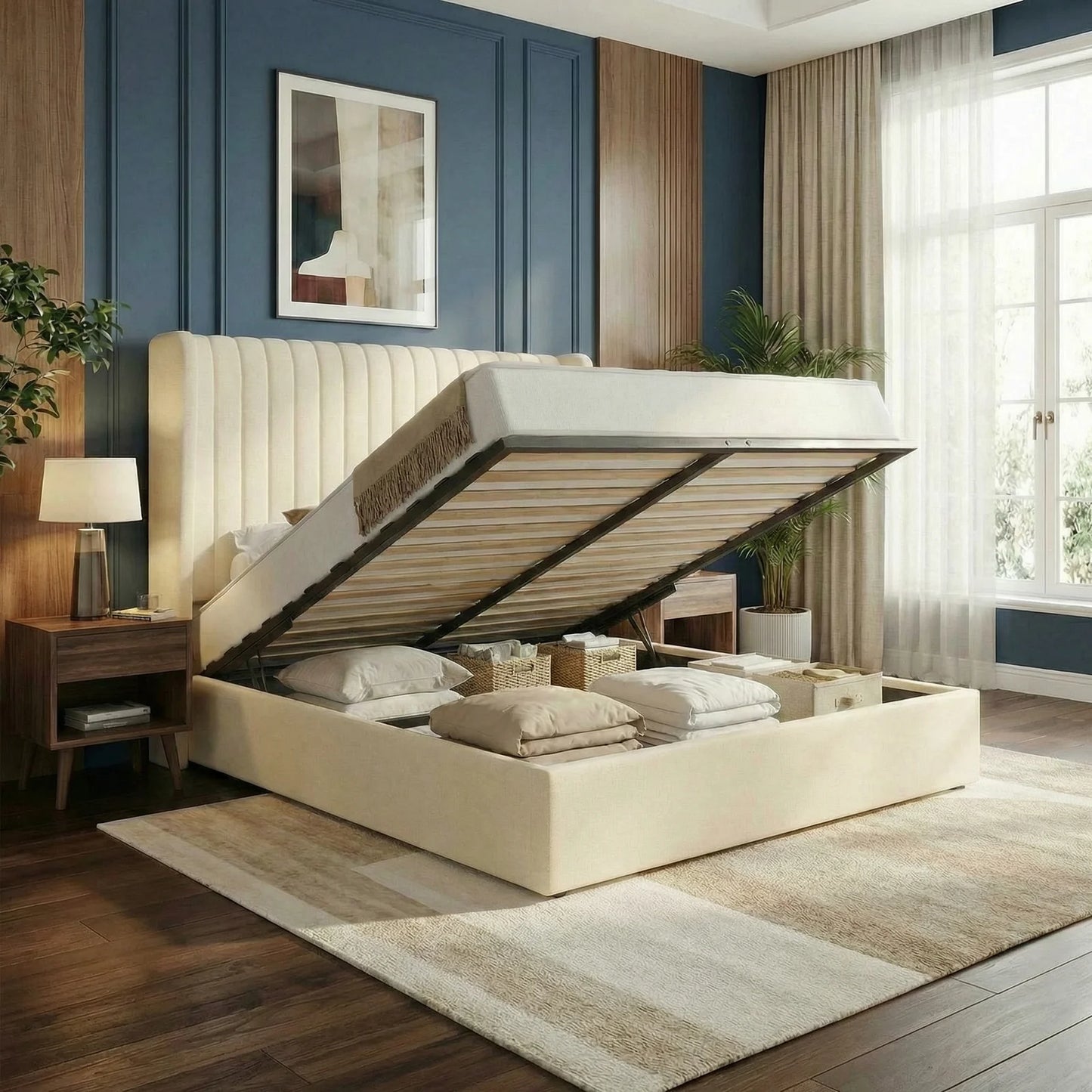 Upholstered Velvet Platform Full, Queen, or King Bed Frame with Hydraulic Driven Lift Up Storage