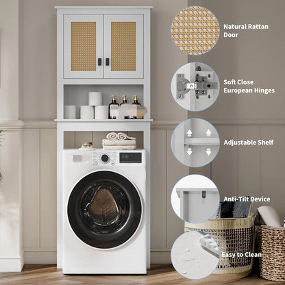 Over The Toilet Wood Storage Cabinet with Rattan Doors