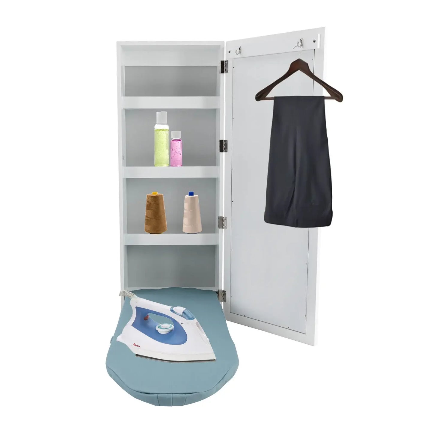 Hide Away Wall Mounted Ironing Board With 3 Tier Shelf & Mirror