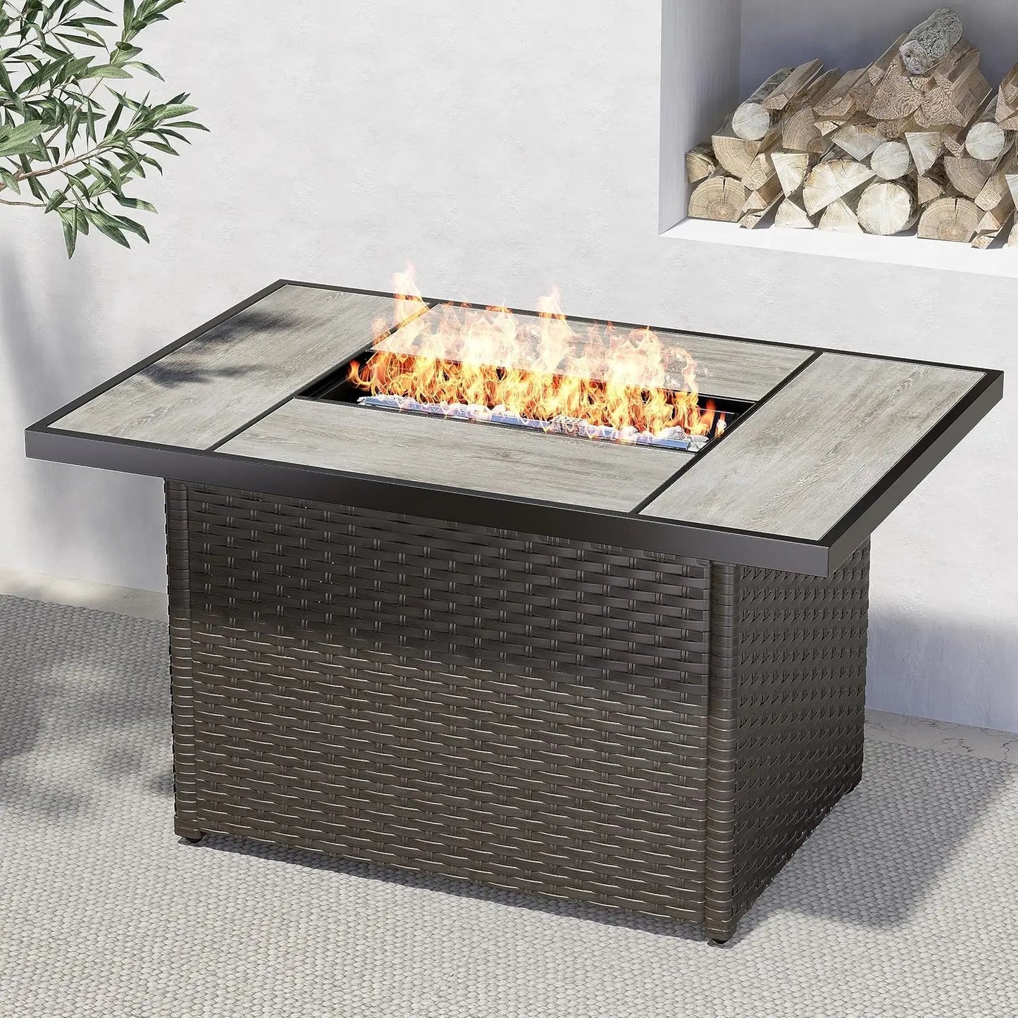 43-Inch Ceramic Tile Top Propane Fire Pit/Table with Wicker Base