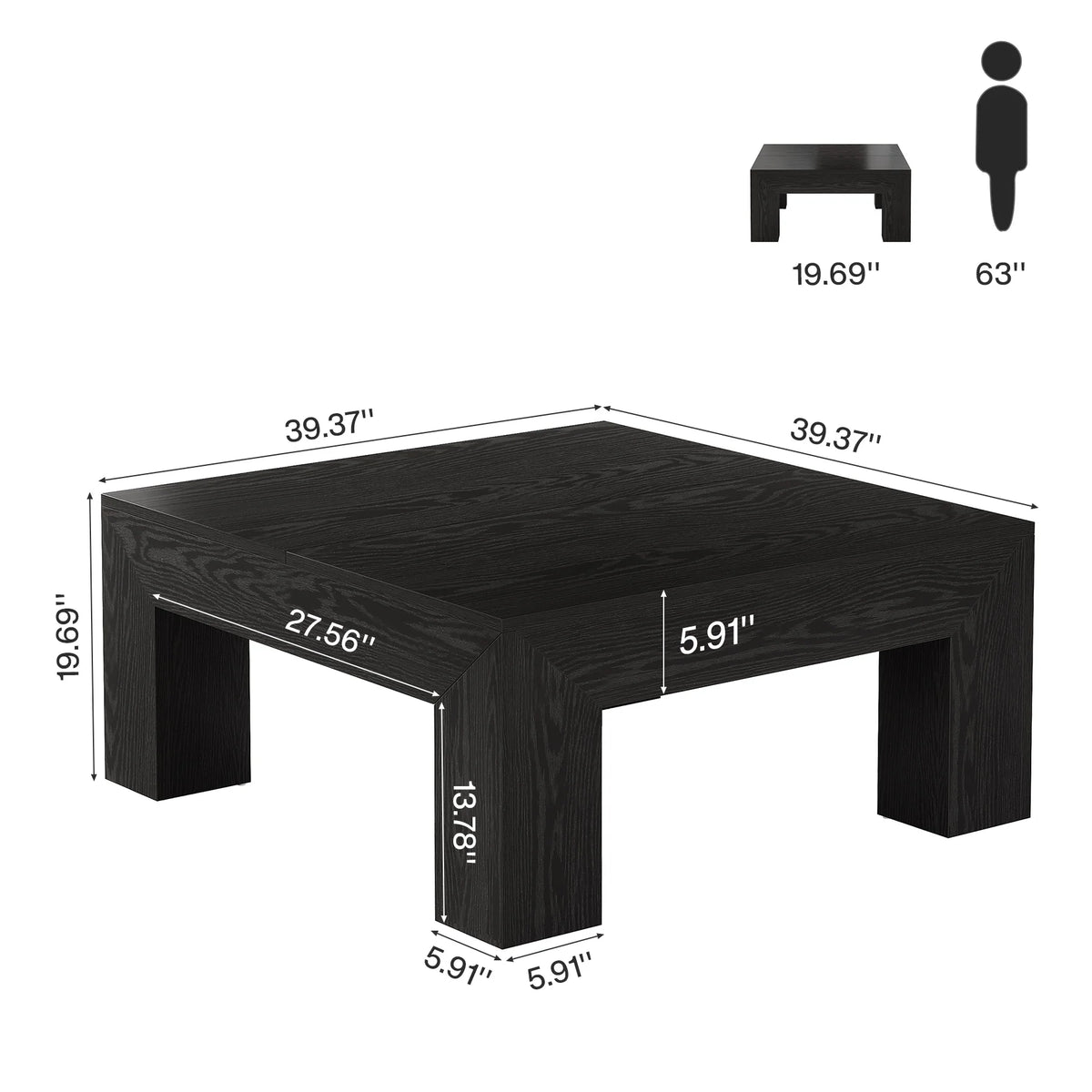 39.4-Inch Square Coffee Table for Living Room