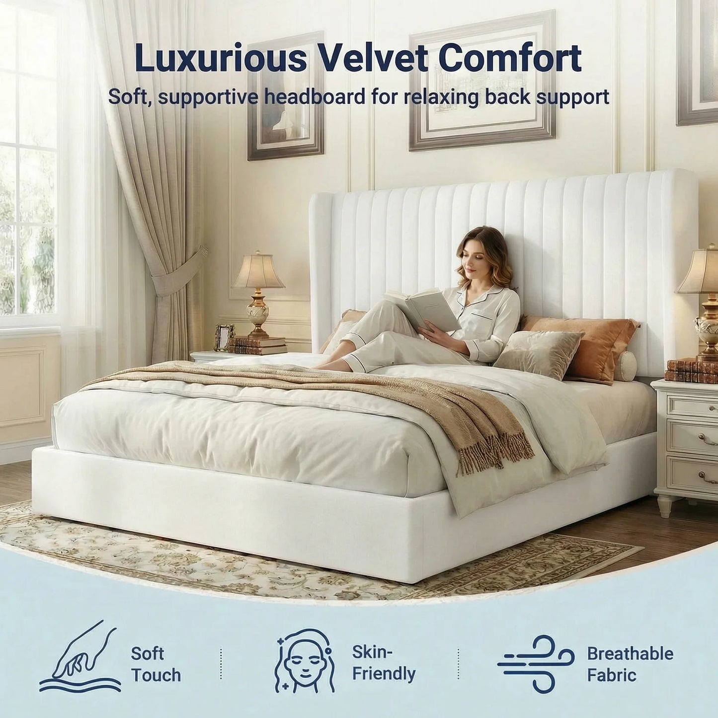 Upholstered Velvet Platform Full, Queen, or King Bed Frame with Hydraulic Driven Lift Up Storage