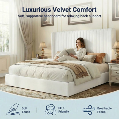 Upholstered Velvet Platform Full, Queen, or King Bed Frame with Hydraulic Driven Lift Up Storage