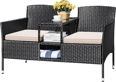 Outdoor Modern Rattan 2-Seat Set with Cushions & Built-in Coffee Table