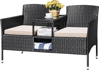 Outdoor Modern Rattan 2-Seat Set with Cushions & Built-in Coffee Table