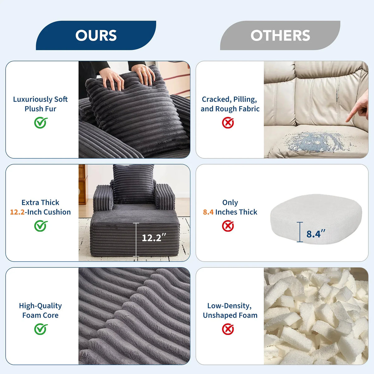 45'' Corduroy Cloud Chaise Lounge Sofa with Deep Seat and Wide Arm Rests