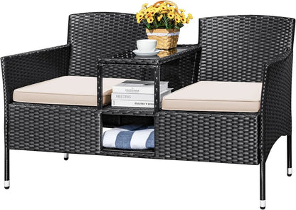 Outdoor Modern Rattan 2-Seat Set with Cushions & Built-in Coffee Table