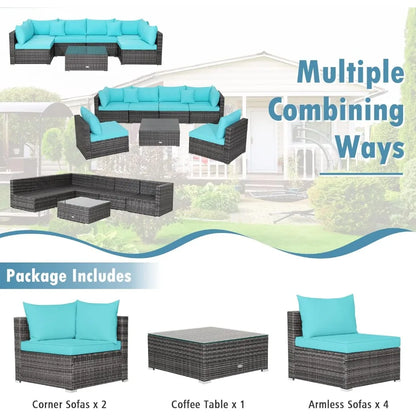 All-Weather Outdoor 7 Piece Rattan Sectional Sofa Set with Cushions and Tempered Glass Coffee Table