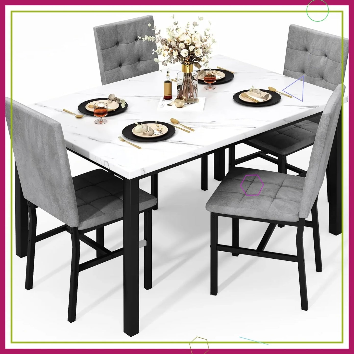 Faux Marble Dining Table Set with 4 Velvet Chairs