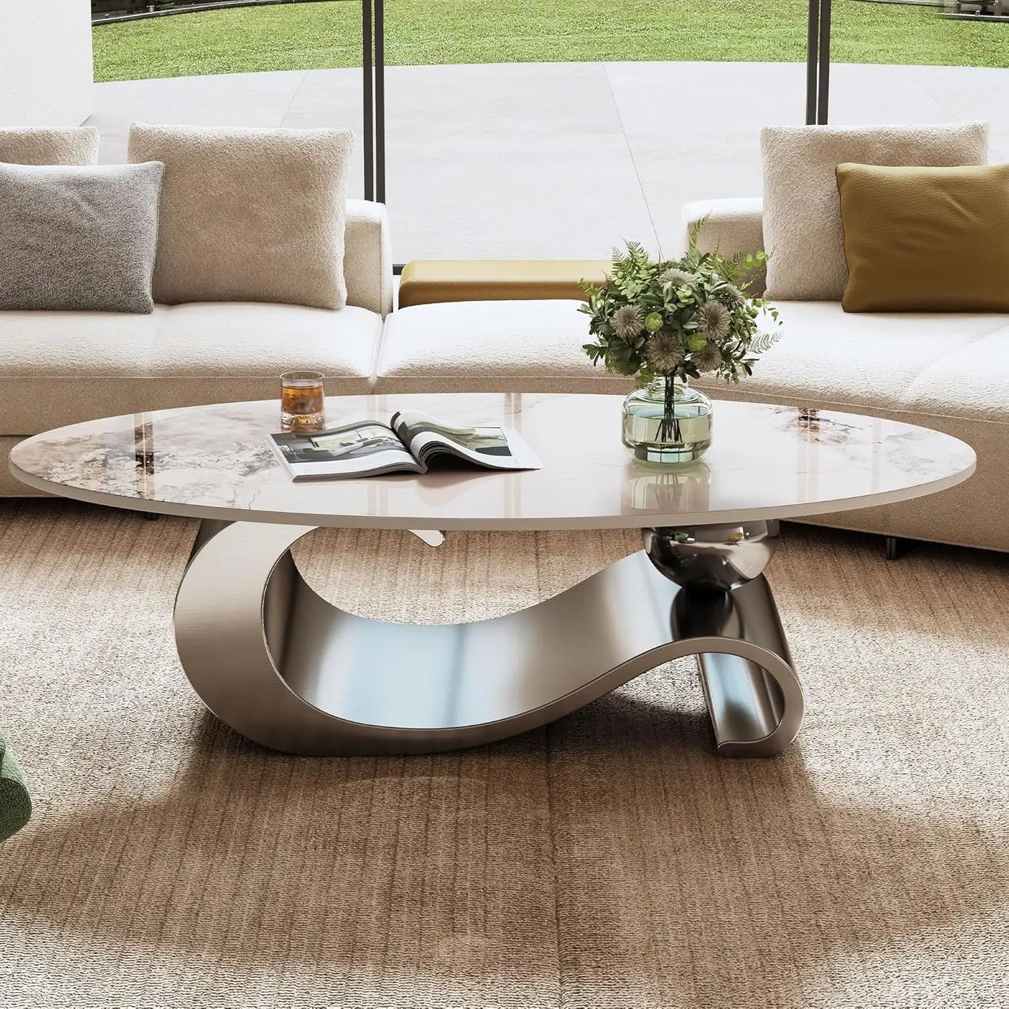 Modern Stainless Steel Pedestal Coffee Table with faux Marble Top
