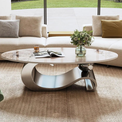 Modern Stainless Steel Pedestal Coffee Table with faux Marble Top