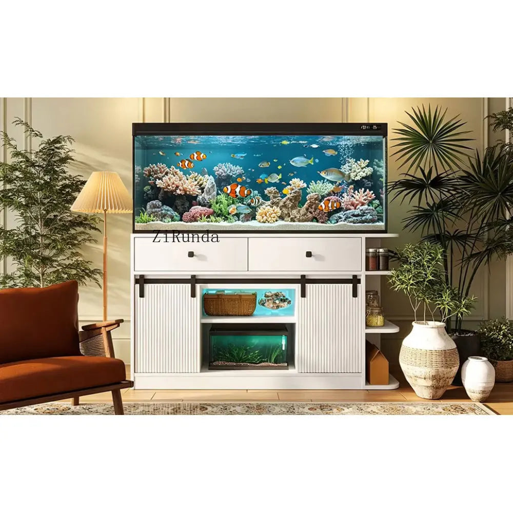 55-75 Gallon Fish Tank Stand with large Cabinet, Shelving, LED Lights, and Power Outlets