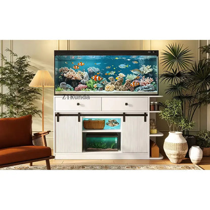 55-75 Gallon Fish Tank Stand with large Cabinet, Shelving, LED Lights, and Power Outlets