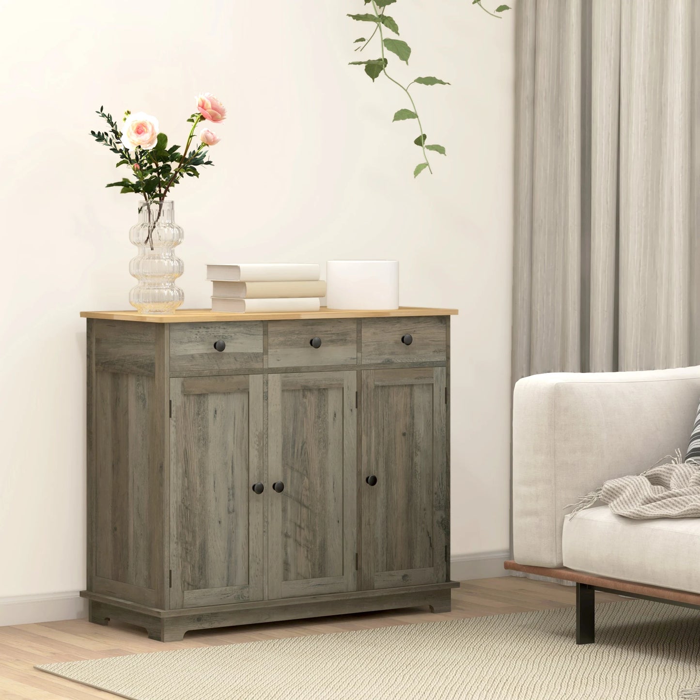 Modern Buffet Cabinet with Solid Wood Countertop, 3 Drawers and an Adjustable Shelf