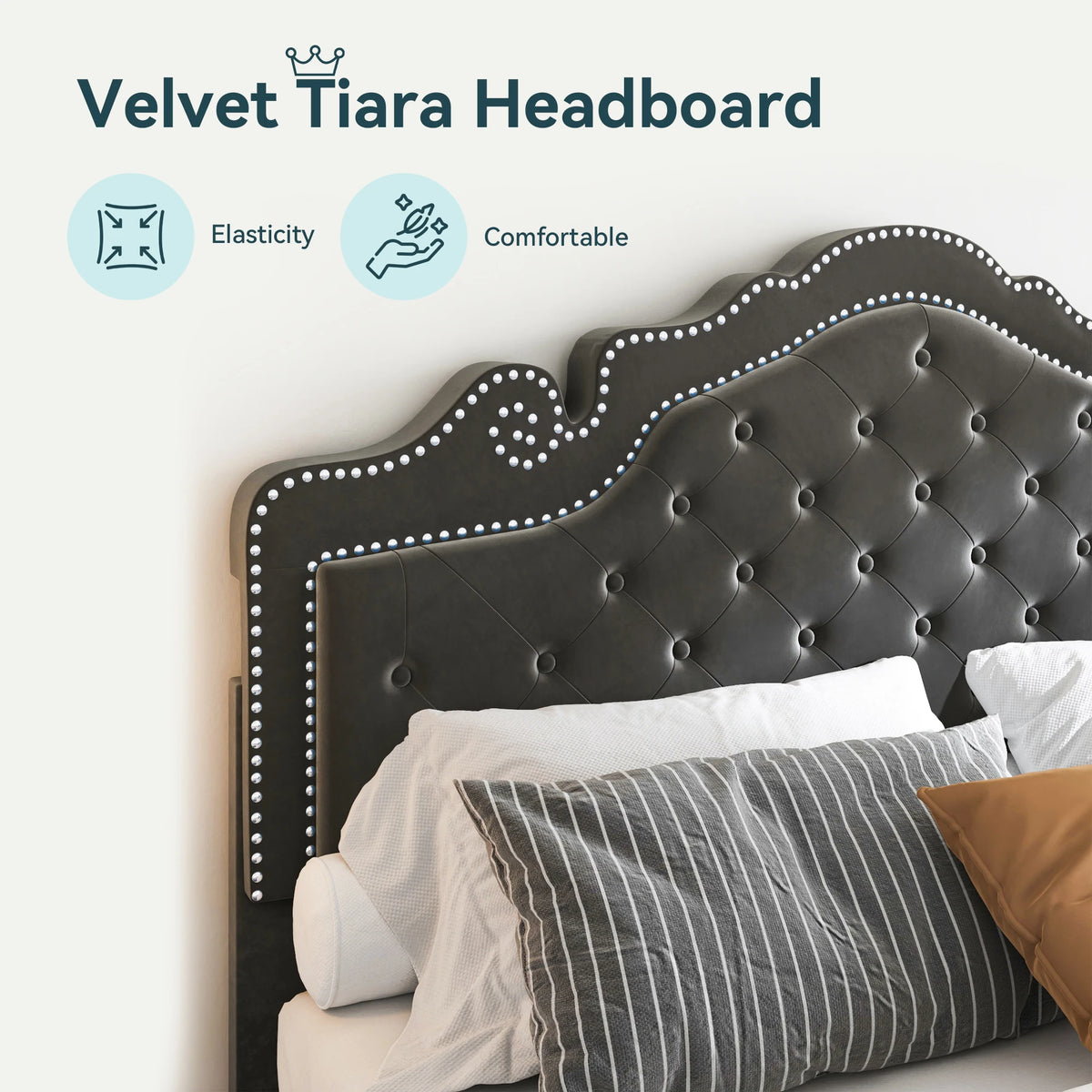 Full/Queen/King Size Velvet Bed Frame with Adjustable Upholstered Tufted Crystalline Headboard