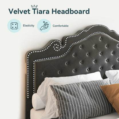 Full/Queen/King Size Velvet Bed Frame with Adjustable Upholstered Tufted Crystalline Headboard