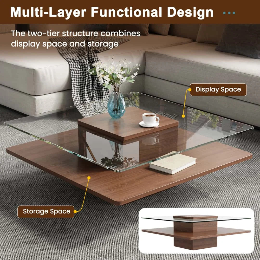 31.5" Square Coffee Table with Clear Tempered Glass Top and Bottom Storage Shelf for your Living Room