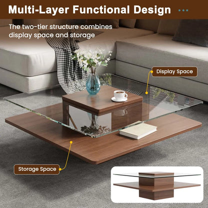 31.5" Square Coffee Table with Clear Tempered Glass Top and Bottom Storage Shelf for your Living Room