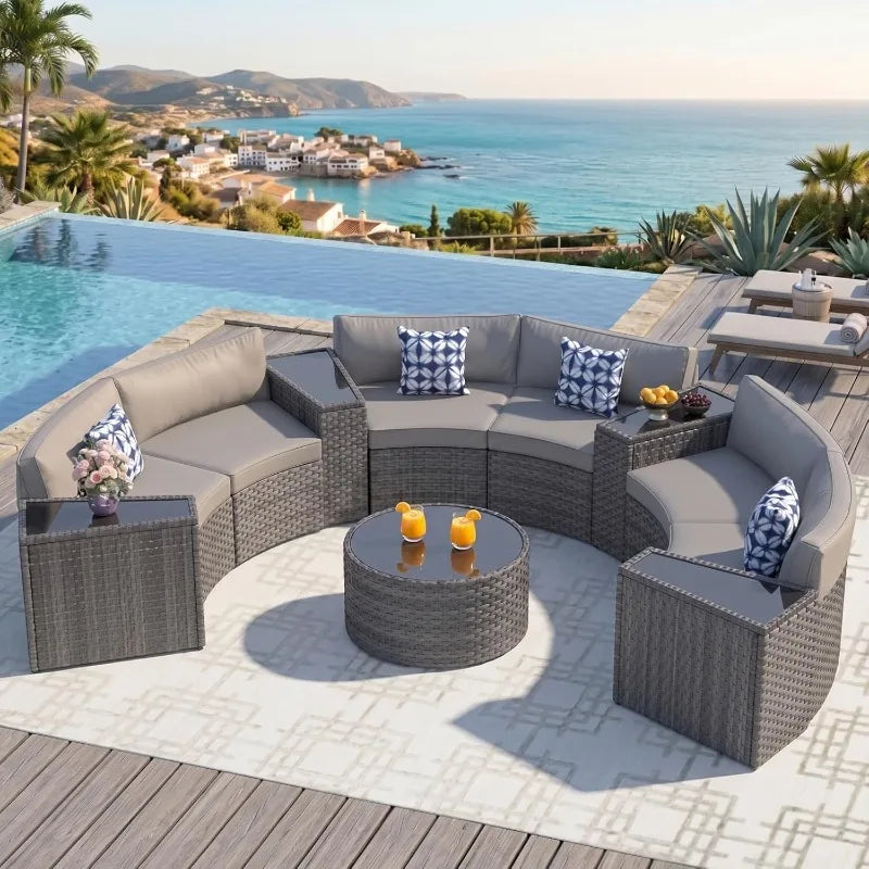 Outdoor Curved Wicker Sectional Patio Furniture Set with Coffee Table and wedge-shaped End Tables