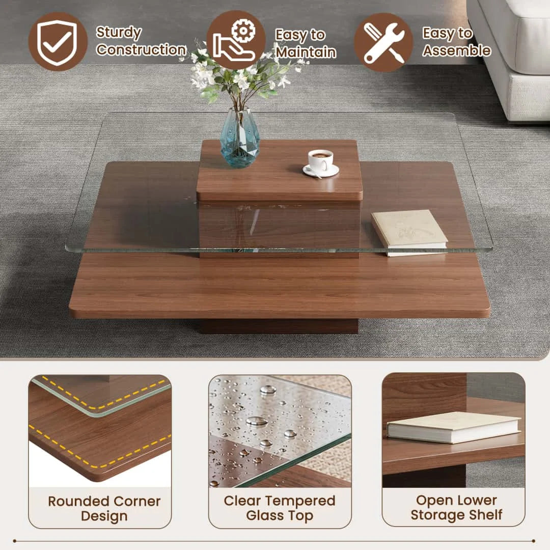 31.5" Square Coffee Table with Clear Tempered Glass Top and Bottom Storage Shelf for your Living Room