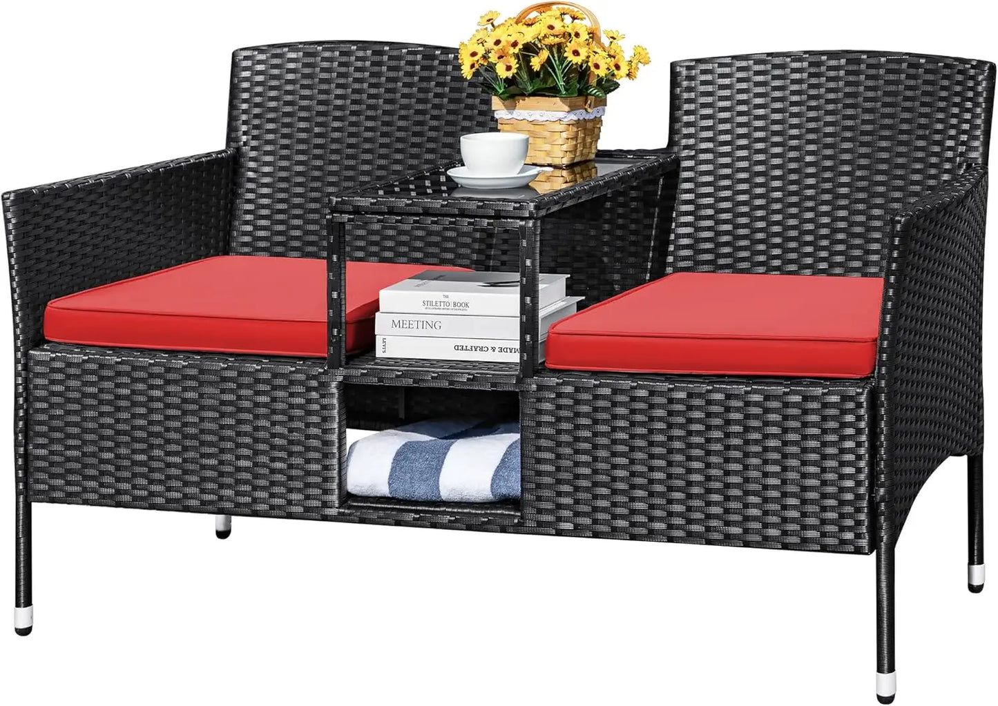 Outdoor Modern Rattan 2-Seat Set with Cushions & Built-in Coffee Table