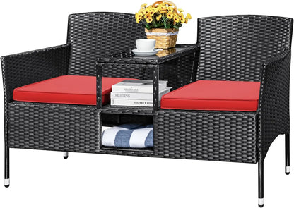 Outdoor Modern Rattan 2-Seat Set with Cushions & Built-in Coffee Table