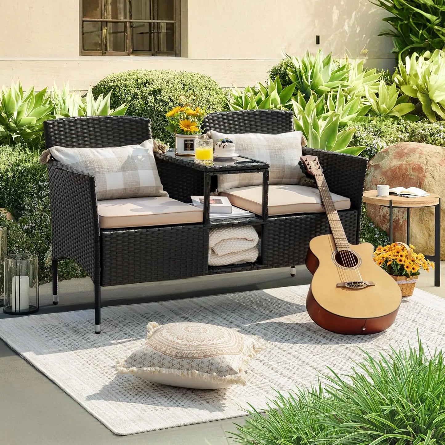 Outdoor Modern Rattan 2-Seat Set with Cushions & Built-in Coffee Table