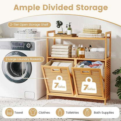 Double Tilt Out 14 Gallon Laundry Hamper w/2-Tier Storage Shelf