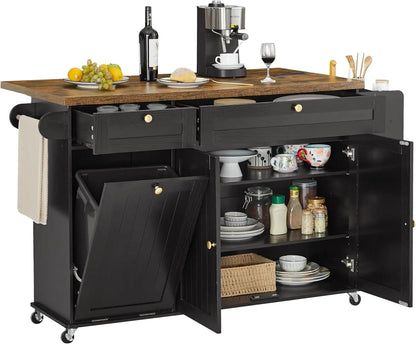 60" Rolling Kitchen Island with Drop Leaf, Power Outlet, and Trash Enclosure