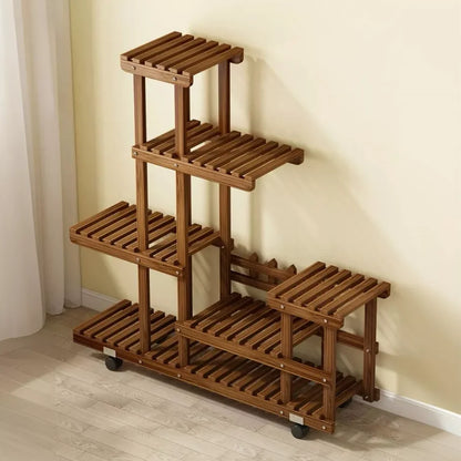 Multi-Layer Rolling Wood Plant Stand Rack
