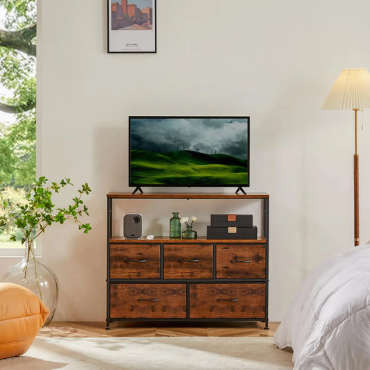 TV Stand with 5 Fabric Drawers for Storage