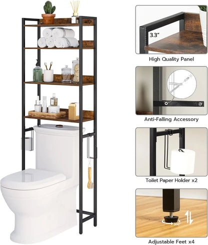 Space-saving 4-Tier Storage Rack with Hooks in rustic brown