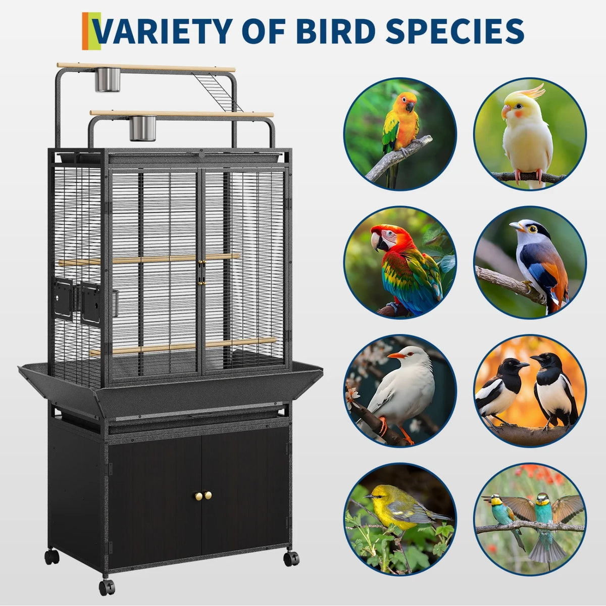 71" Extra Large Corner Rolling Bird Cage with Play Top & Storage Cabinet
