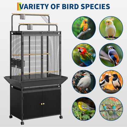 71" Extra Large Corner Rolling Bird Cage with Play Top & Storage Cabinet