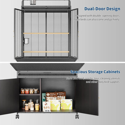 71" Extra Large Corner Rolling Bird Cage with Play Top & Storage Cabinet