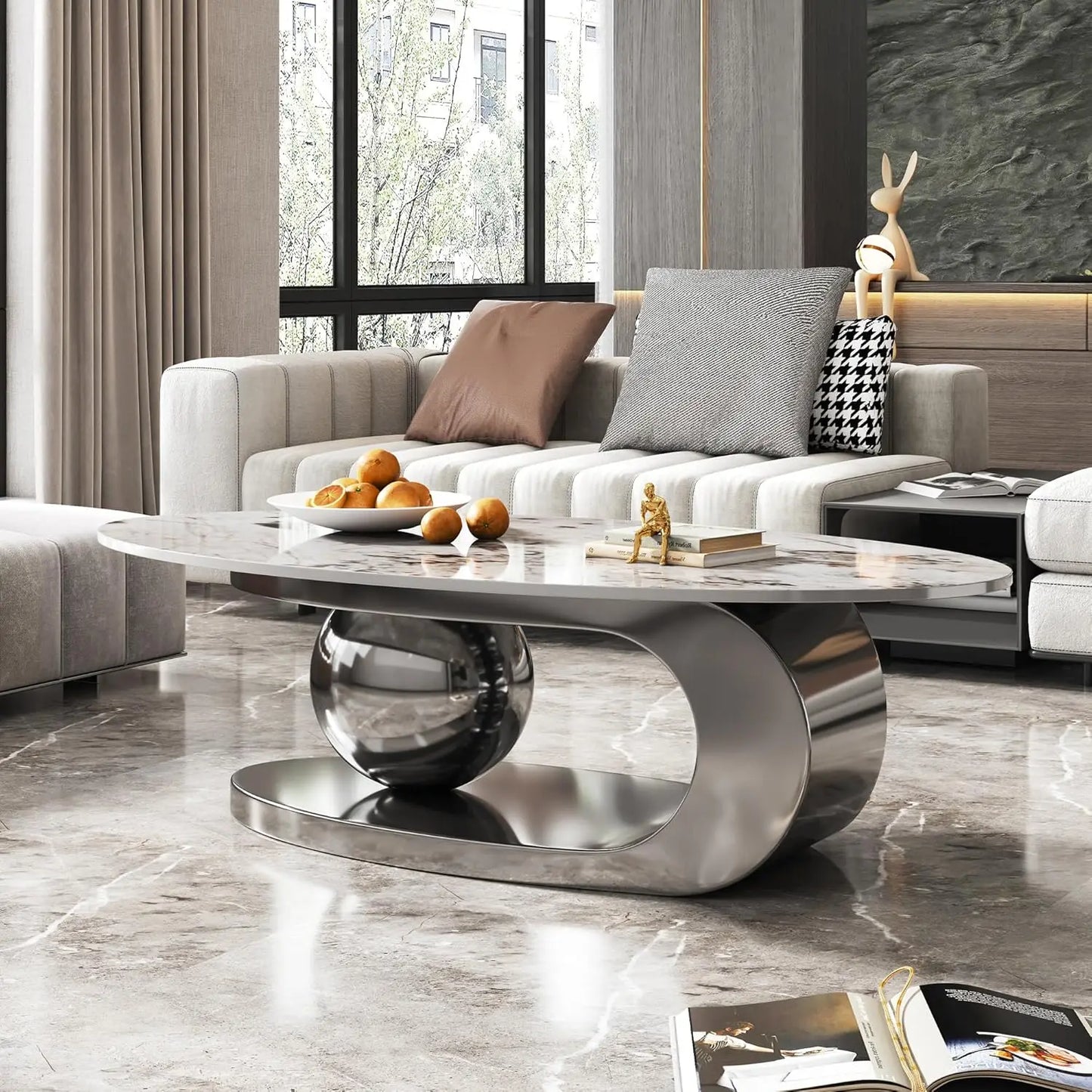 Modern Stainless Steel Pedestal Coffee Table with faux Marble Top