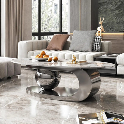 Modern Stainless Steel Pedestal Coffee Table with faux Marble Top