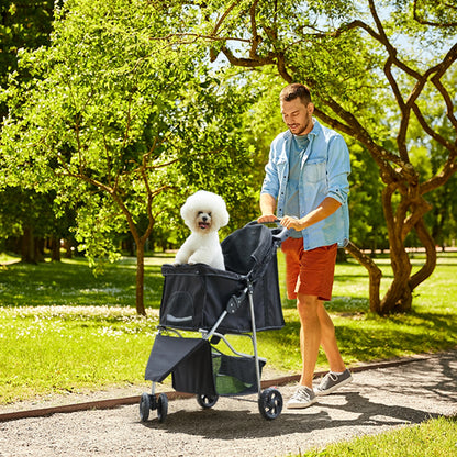 Foldable Pet Stroller for Small Dogs and Cats with Mesh Windows, Storage Basket, and Cup Holder