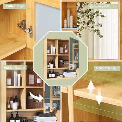Bamboo Wall Bathroom Cabinet with Mirror and shelves